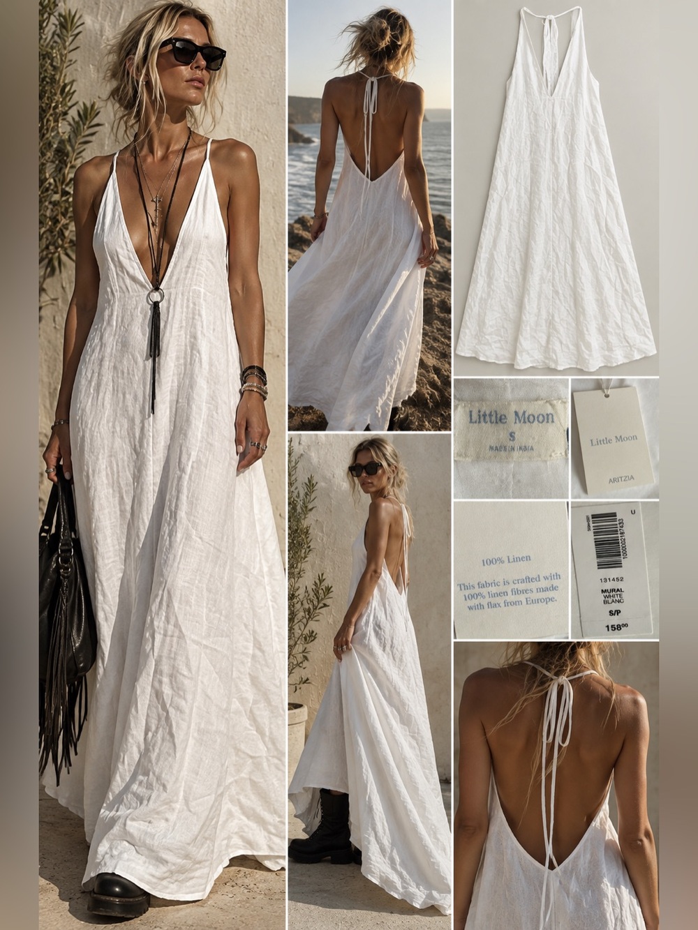 Little Moon Aritzia Mural White 100% Linen Plunge Maxi Dress Size S NWT